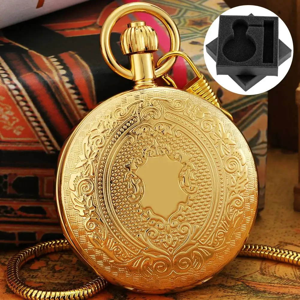

Vintage Classic Shield Pattern Pocket Watch Gold Copper Mechanical Self Winding Arabic Numerals Dial Fob Chain Pendant Clock