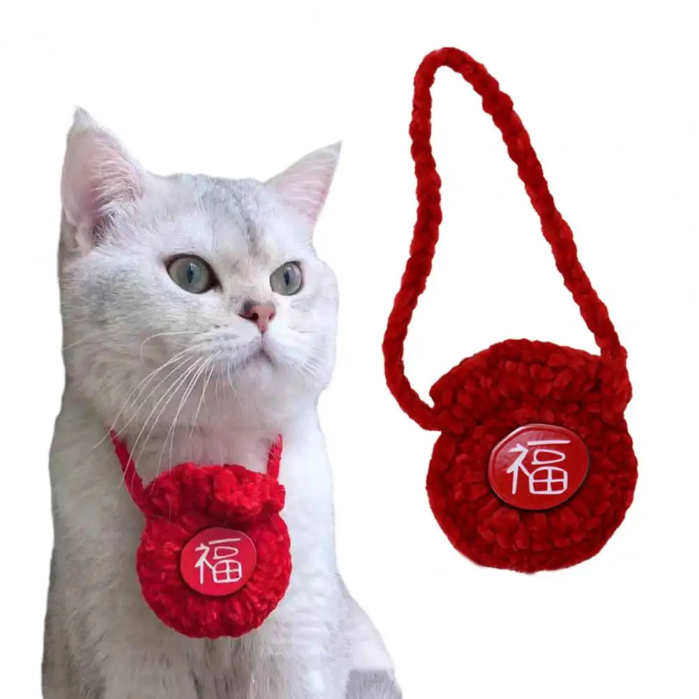 Handcrafted Pet Collar with Snack Pouch Unique Handmade Knitted Chinese Style Pet Collar Cat Jewelry New Year Blessing Bag for A