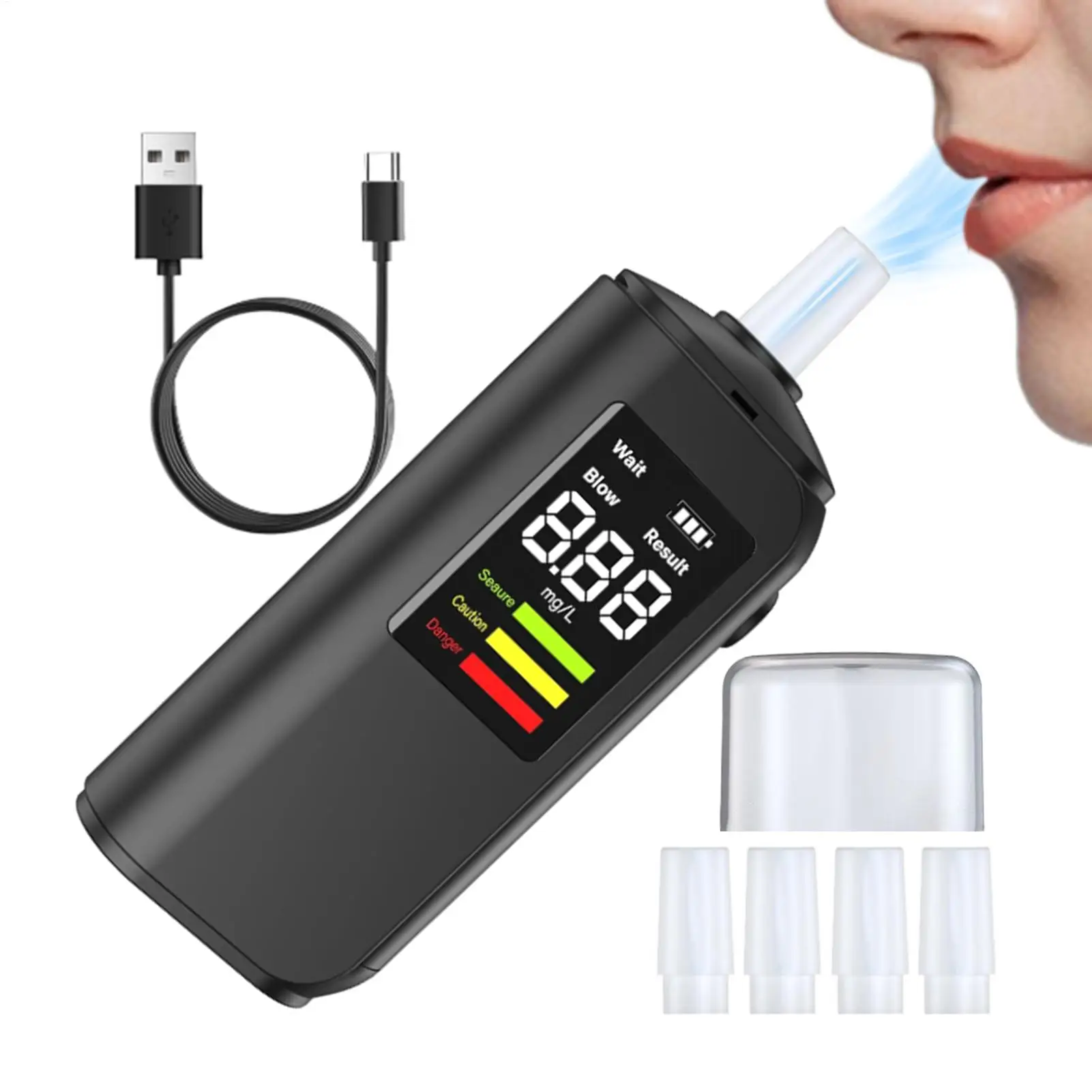 Portable Breathalyzer with 5 Mouthpieces LED Display High Precision Sensor for Car Driving Safety Business Dining Alcohol Test