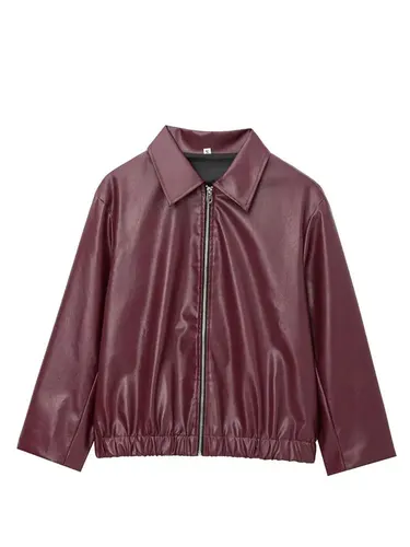 Imagen 2 del producto HH vino rojo imitación cuero Jakcet moda prendas de vestir exteriores espesar cremallera solapa Pu abrigos Otoño Invierno ropa de calle señoras Tops mujeres