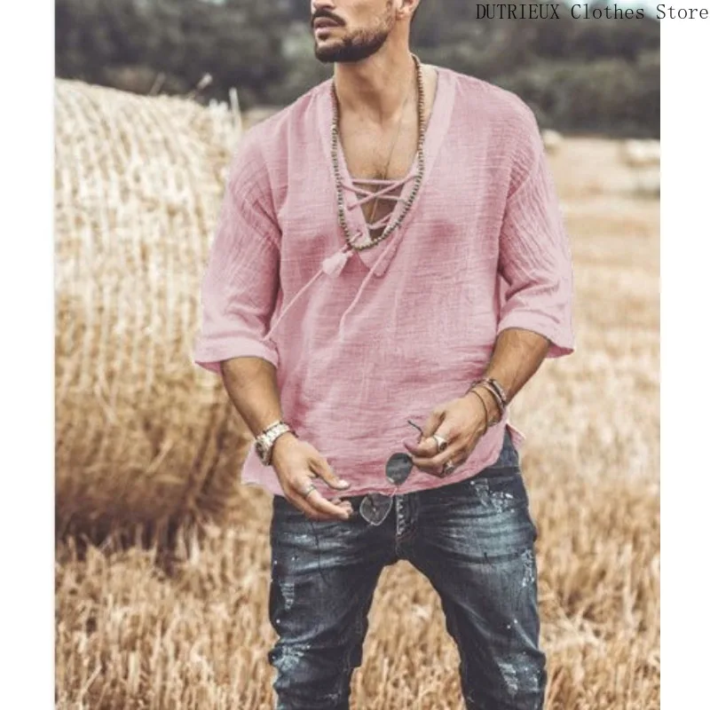 Men's V-neck Lace-up Mid-sleeve Shirt Large Size Cotton and Linen Breathable T-shirt Spring and Summer Casual Outdoor Clothing image 3
