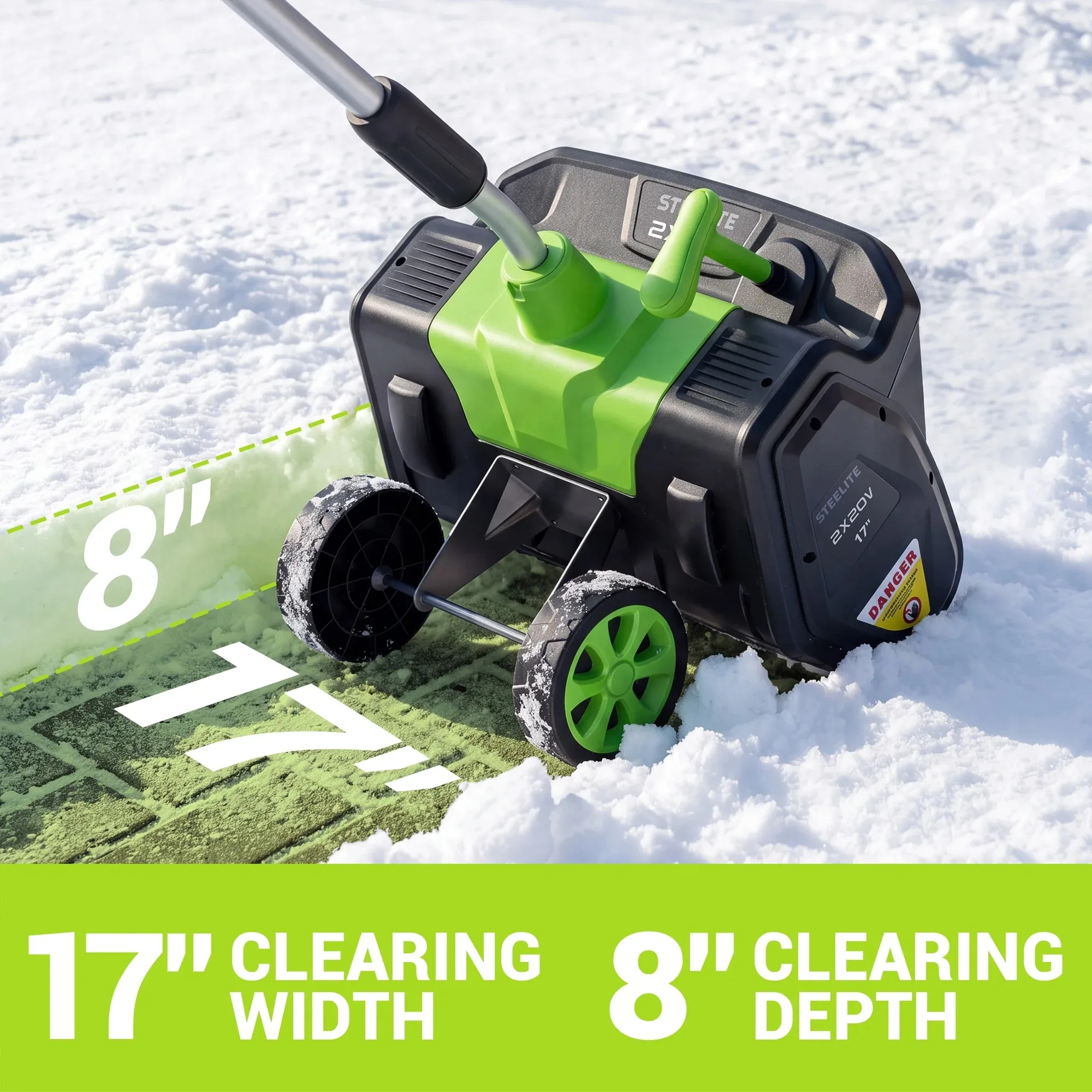 17 Inch Cordless Snow Shovel with Wheels Brushless Motor 2x21V 2 4.0Ah Batteries Dual Charger for Patio