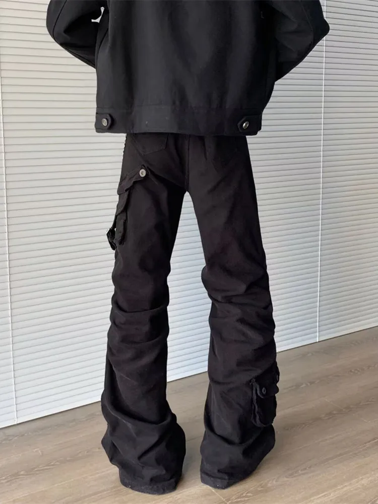2025 Cyber Y2K Streetwear Black Pleated Baggy Flared Cargo Jeans Pants Men Clothing Straight Cotton Long Trousers Ropa Hombre
