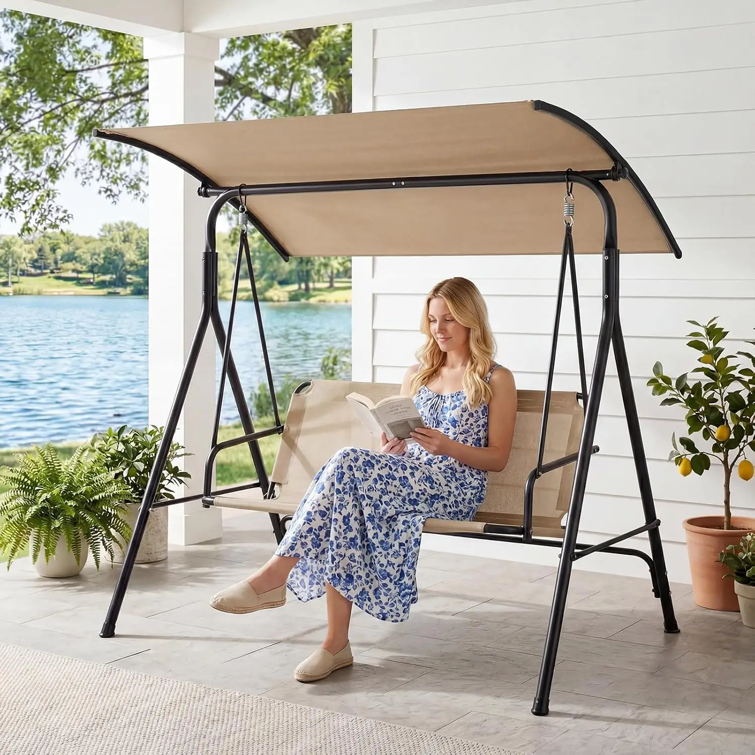 3 Person Porch Swing with Adjustable Canopy, 800 lbs Capacity