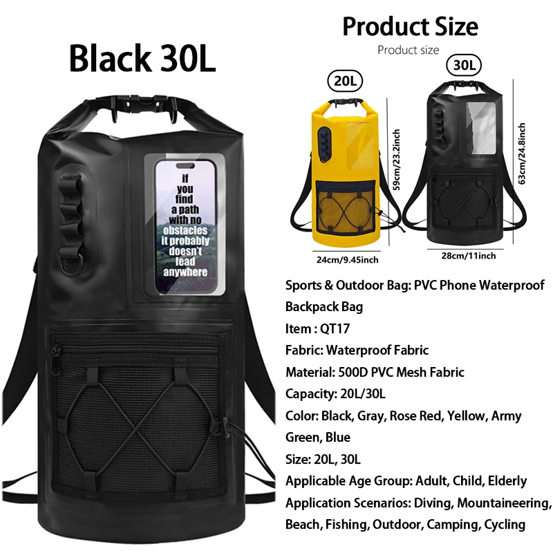 

20L/30L PVC Waterproof Backpack With Phone Window, Unisex Outdoor Gear for Diving Hiking Fishing with Phone Pouch