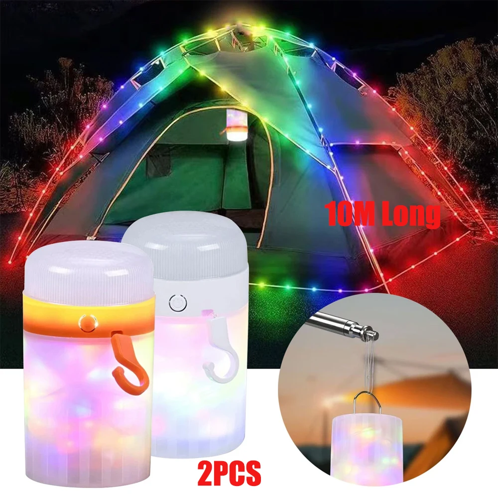 2 Stück Camping-Lichterketten, 32,9 Fuß/10 m, tragbare, über USB wiederaufladbare LED-Lichterketten für Zelt, Hof, Garten, Dekoration
