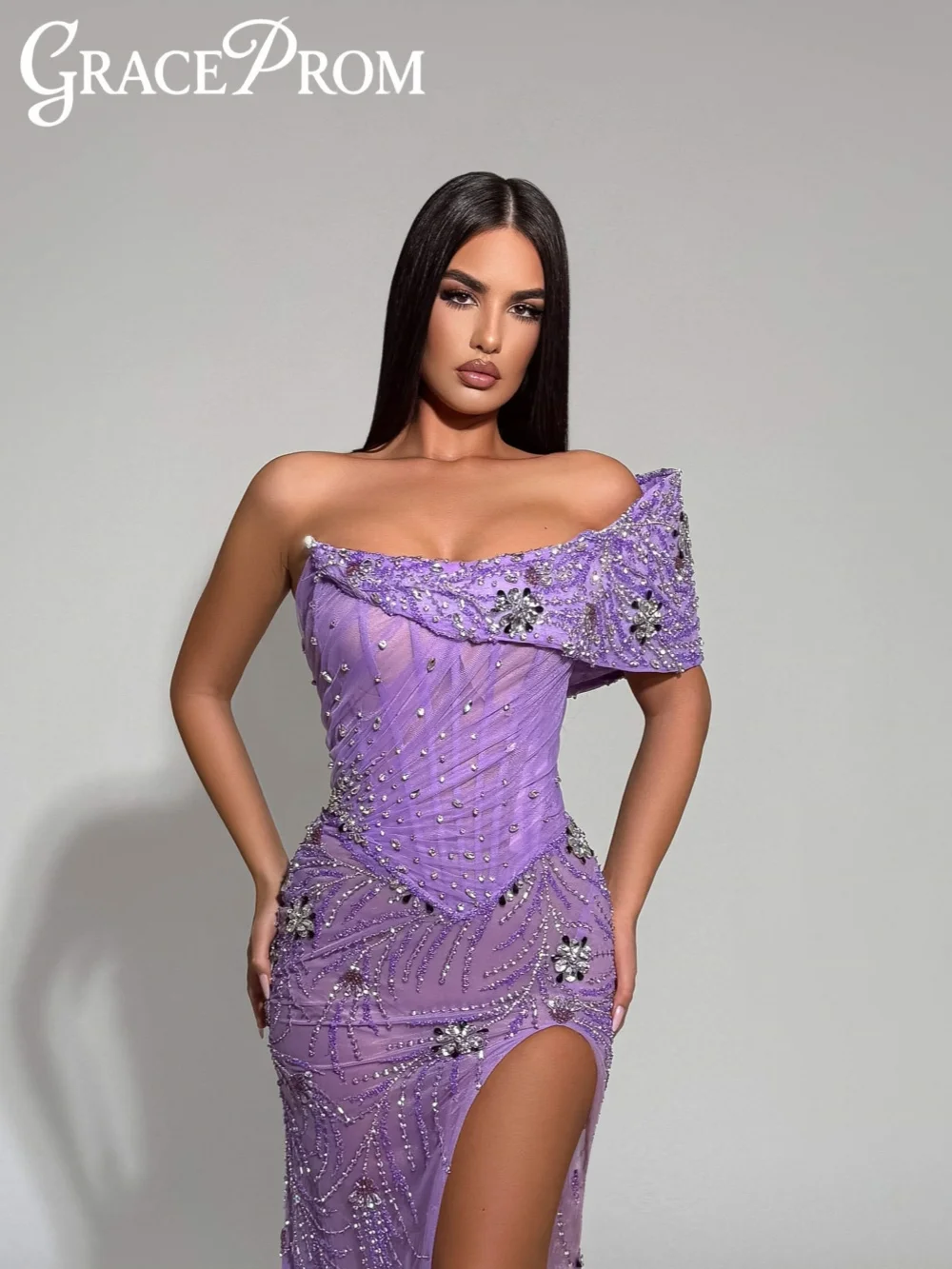 

New Purple Embroidery Crystal Evening Dress Fashionable One Shoulder High Slit Formal Party Gown Customized Luxury Banquet Gowns