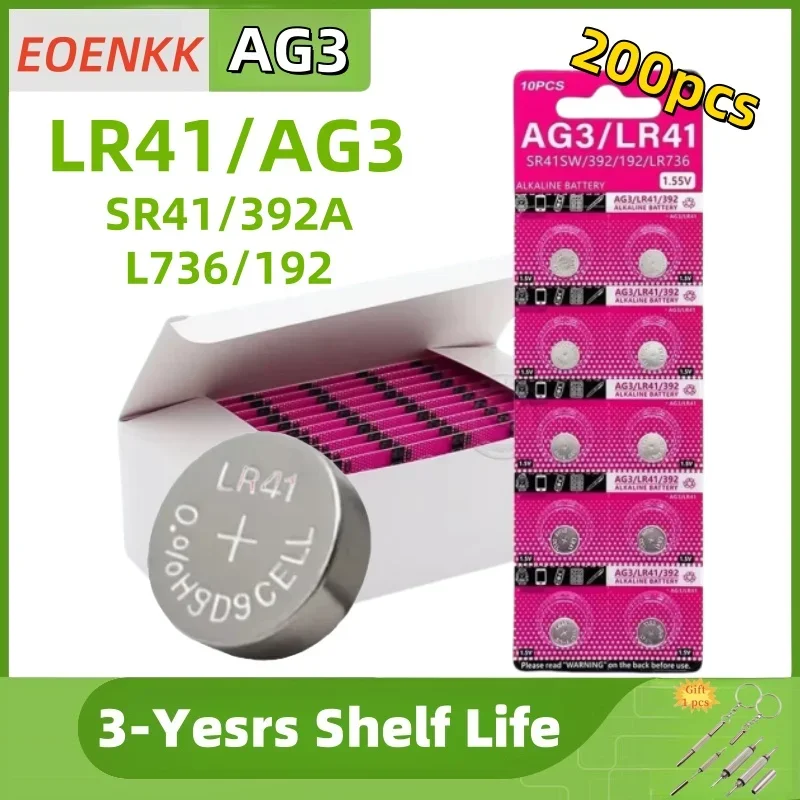 

200pcs AG3 1.55V Alkaline Button Battery AG3 192 LR41 SR41SW L736 Coin Cell Button Batteries For Watches Toys