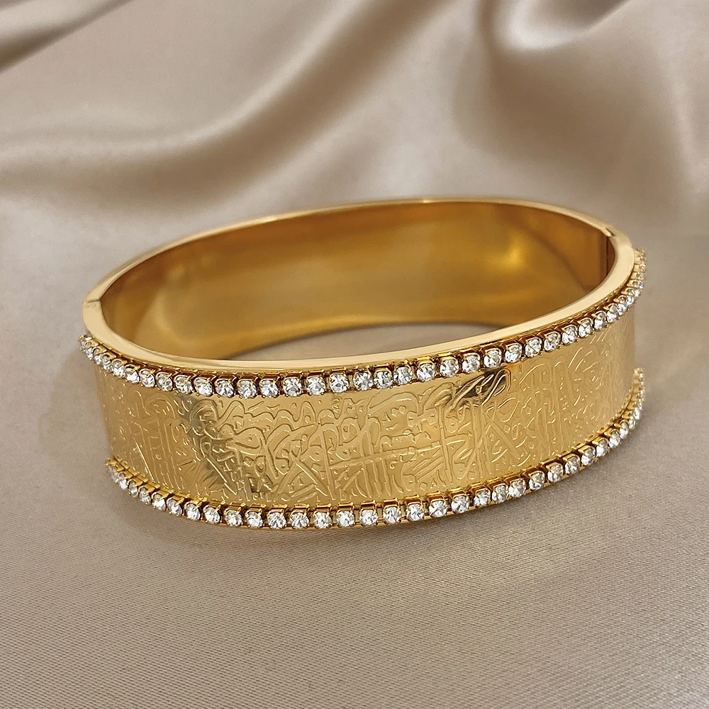 

Greatera Embossment Full Rhinestone Inlaid Charm Bangle Smooth-surface Stainless Steel Waterproof 60mm Diameter Wide Bracelet