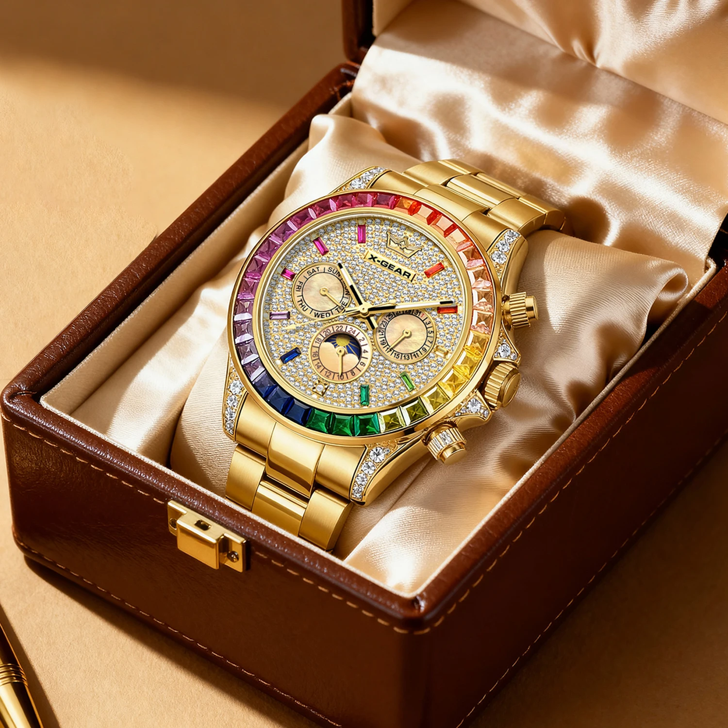 ساعة X-GEAR الفاخرة الأوتوماتيكية الميكانيكية للرجال مع مرحلة القمر، قرص كبير، مقاومة للماء، لون ذهبي، ساعة مضيئة