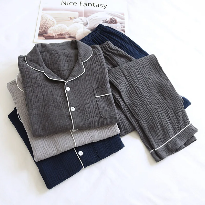 2024 new spring and autumn male pajamas 100%  crepe cotton long-sleeved home wear solid simple pajamas set men plus size