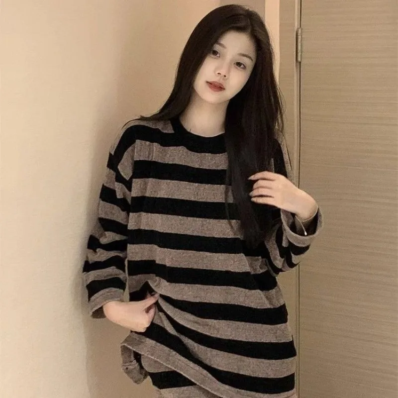 

Korean Version Advanced Streak Long Sleeve Pajamas Female Fall and Winter Style New Style Loungewear Set Can Be Worn Outside