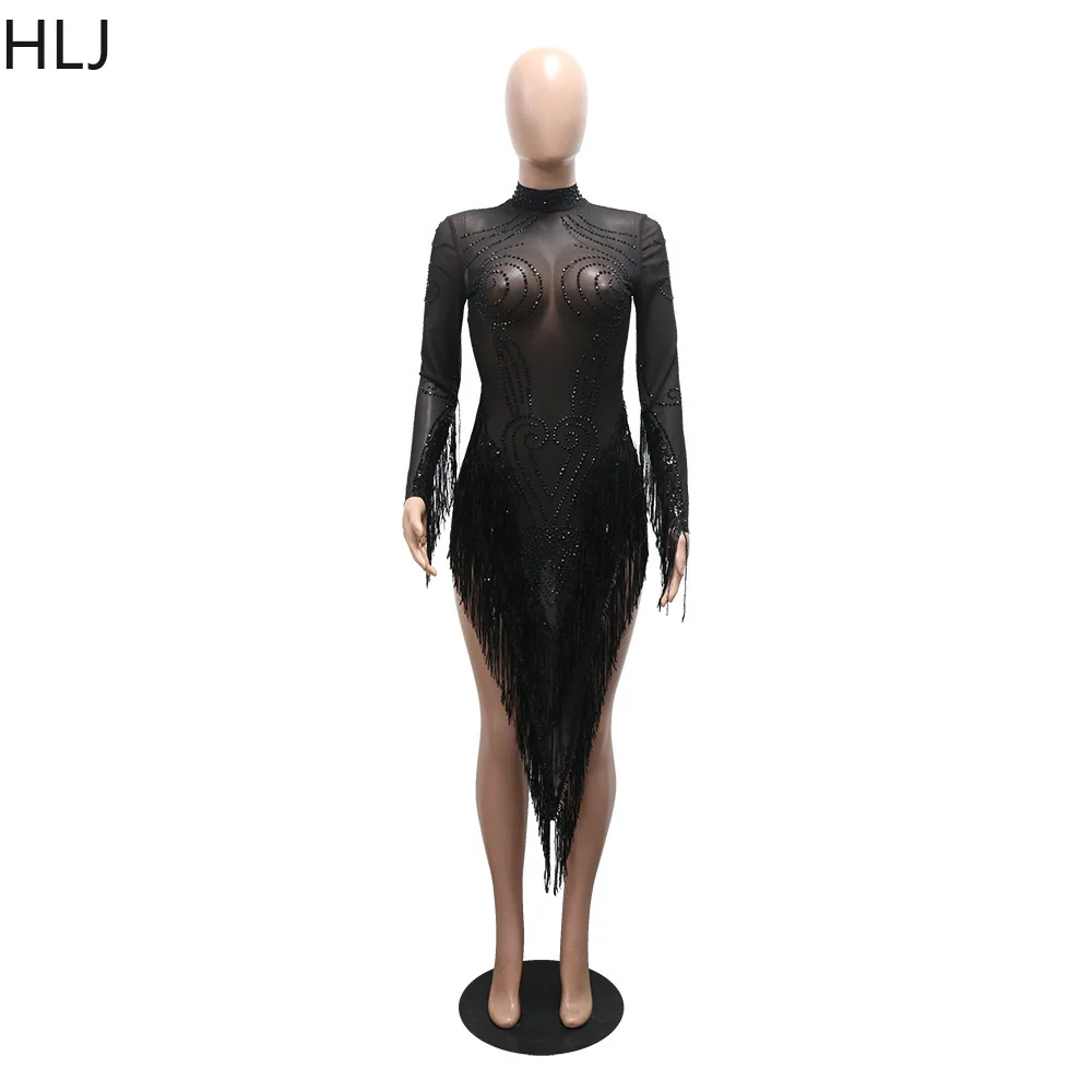 Hlj sexy strass retalhos bodycon vestidos femininos malha ver através irregular borla vestido feminino festa clubwear vestidos novo