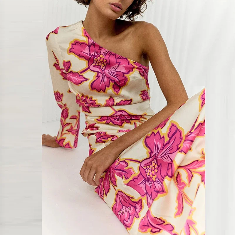 Fashion Floral Printed Holiday Party Dress Women Elegant High Waist Long Dress Sexy One Shoulder Long Sleeve Bohemian Dress