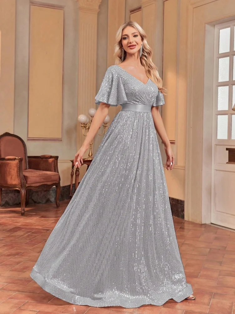 

XUIBOL Plus Size Elegant Grey Sequin V-Neck Evening Dress For Women Short Sleeve Party Maxi Prom Floor Lenght Cocktail Dress