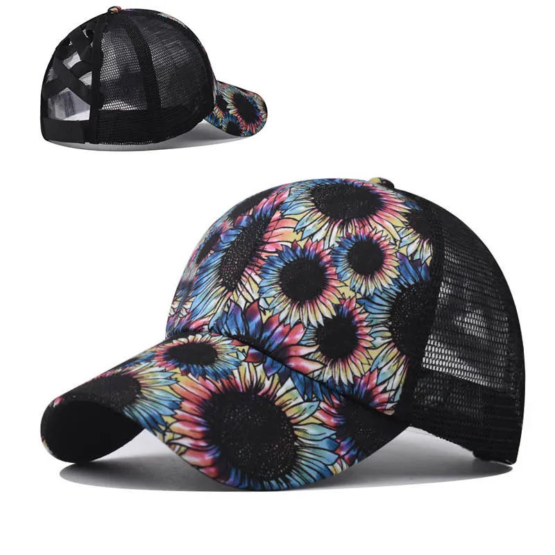 

Printed Back Opening Hat For Women Cap Chrysanthemum Ponytail Baseball Cap