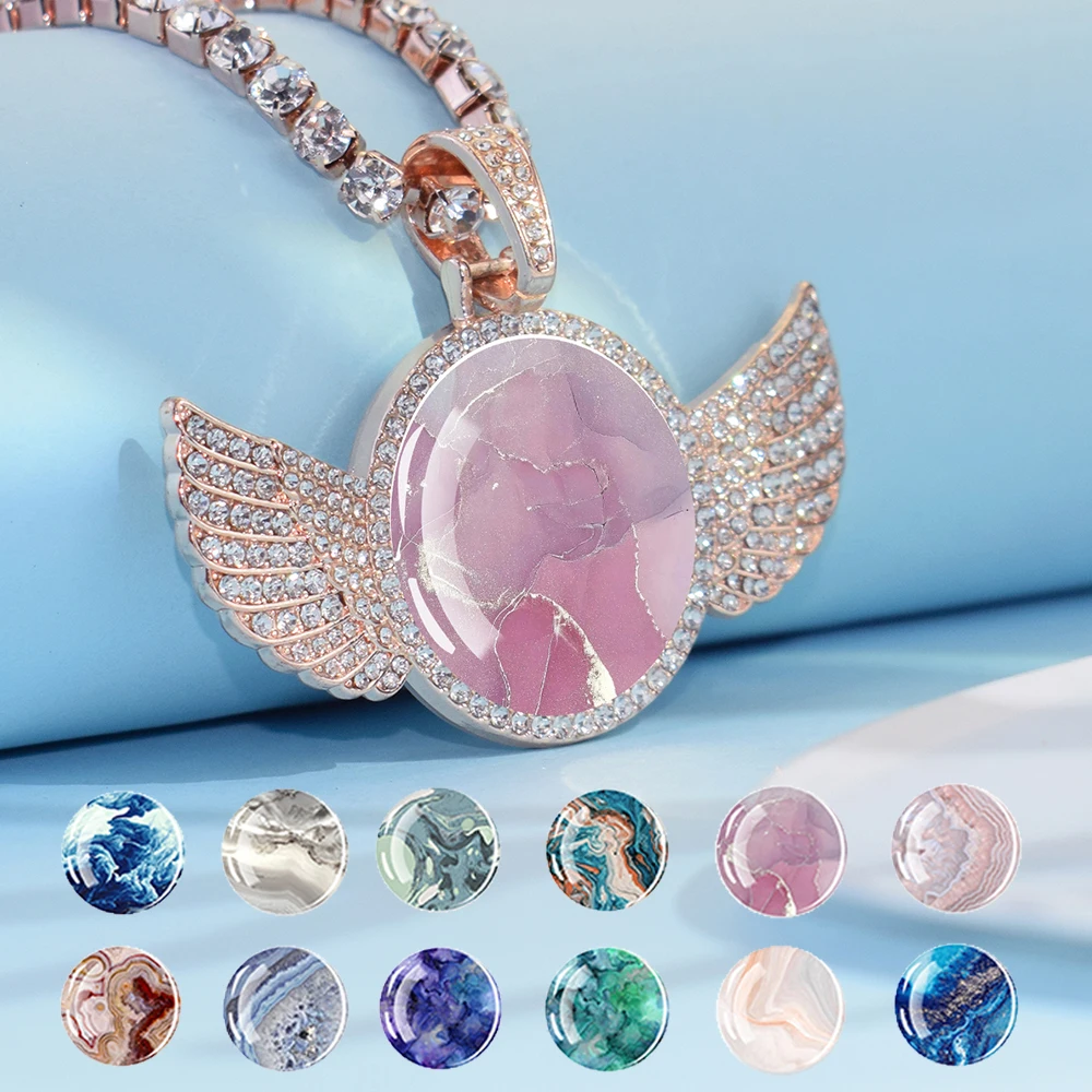 

Gemstone Textured Women's Necklace Angel Wings Rose Gold Jewelry Necklace Pendant Zirconia Inlaid with Natural Scenery