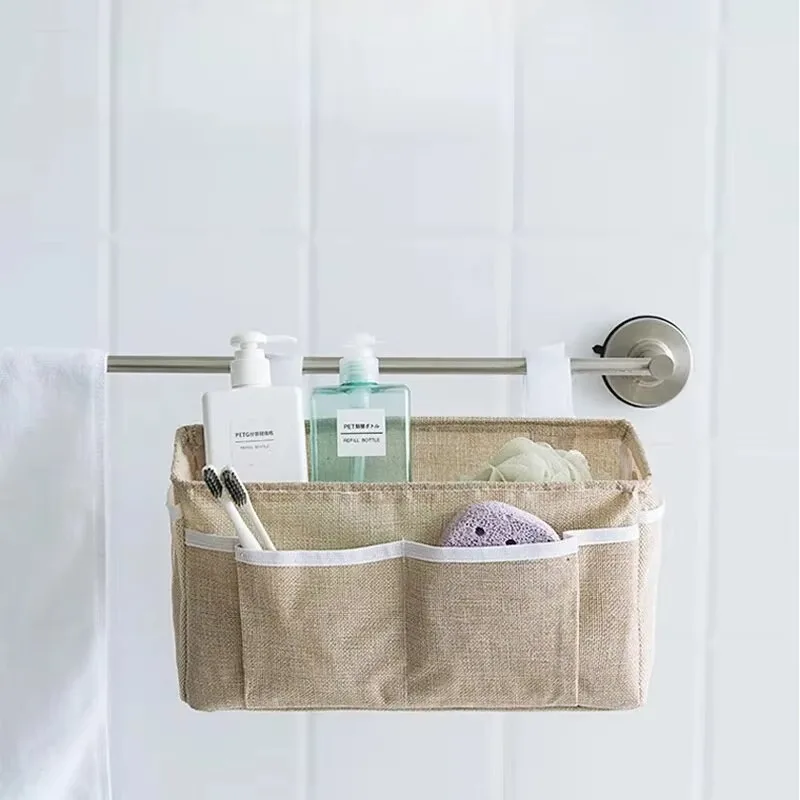Cotton Linen Hanging Storage Bag Bedside Wall Mount Miscellaneous Book Organizer Bag for Bedroom Dorm