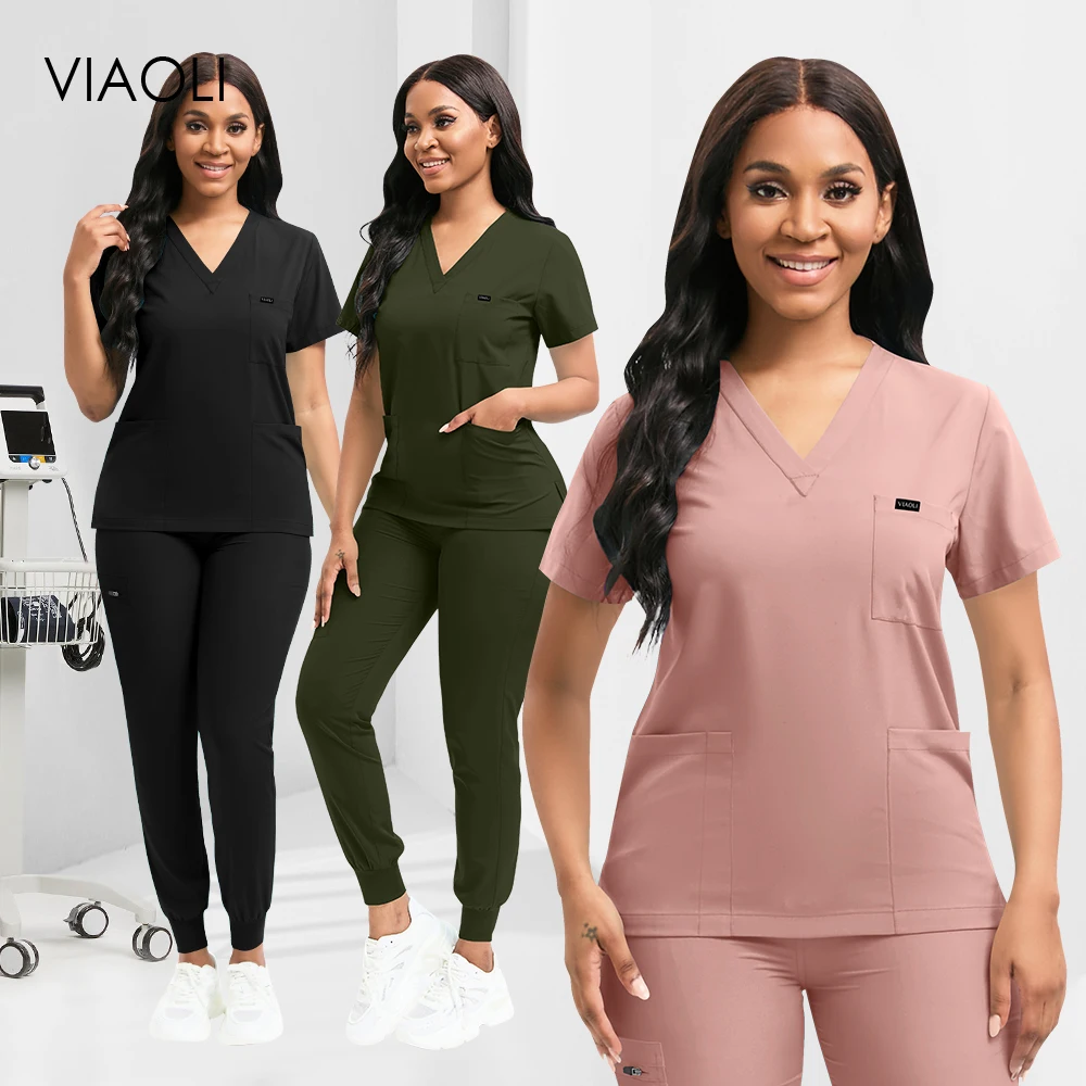 Multicolour Nursing Uniforms Women Short Sleeve Top Pocket Fashion Scrub Suit  Wholesale Hospital Professional Medical Scrub Set