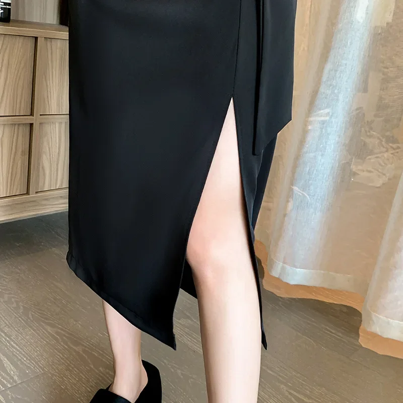 팝 여성의 쁘띠 여름 롱 드레스 사이드 슬릿 하이 웨이스트 슬리밍 A 라인 스커트 세련된 다목적 캐주얼 쁘띠 스커트