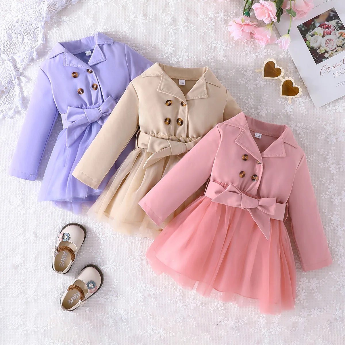 

Laura Kors 2023 Winter New Girls Dress Long Sleeve Turn-down Collar Sashes Double Button Pink Girls Dress Vestido 8-12T