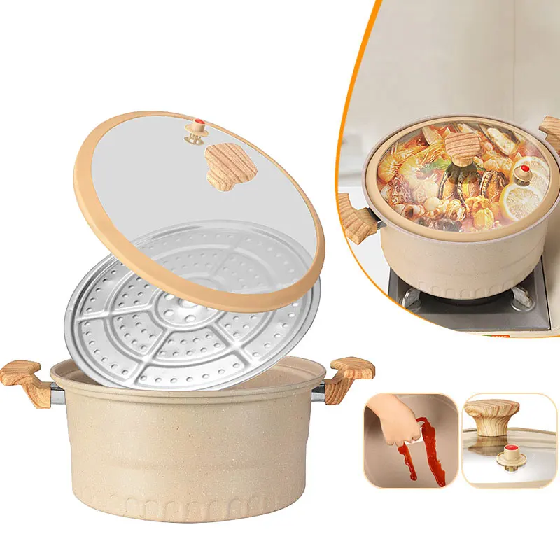 8L Micro Pressure Non-Stick Stock Pot with Steamer Rack Heat-Proof Double Handles Soup Pasta Pot with Lid Dishwasher Safe