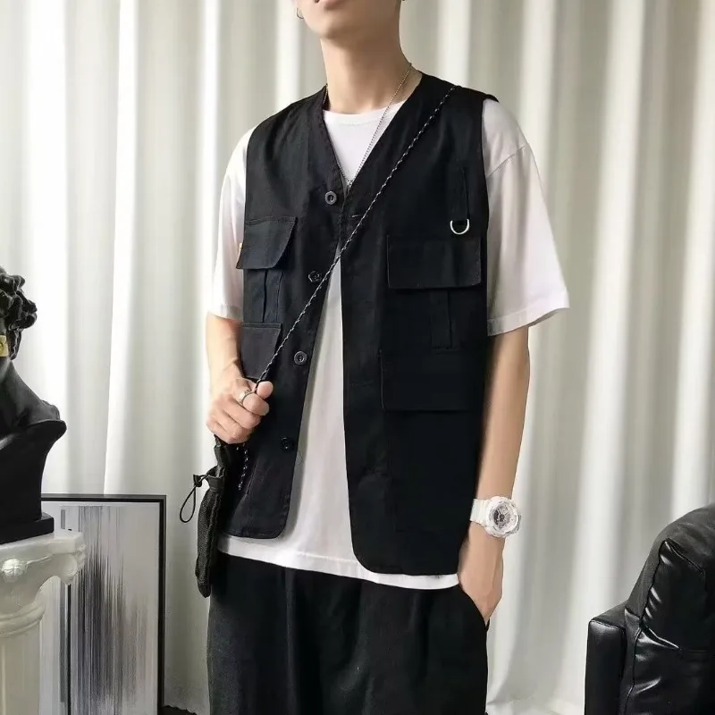 Minimalist Casual Summer Men's 2024 New Patchwork V-neck Button Pocket Fashion Solid Loose and All-match Sleeveless Vest Jacket