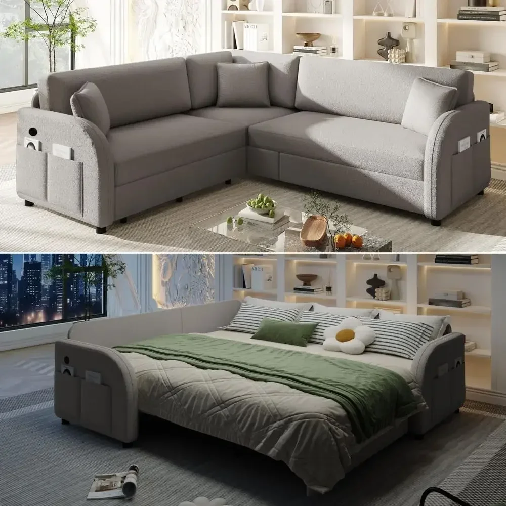85.1'' Sleeper Soa Bed King Size, Convertible Pull Out Couch, 5-Seater L-Shaped Sectional Couches, Teddy Upholstered Soa, Side k