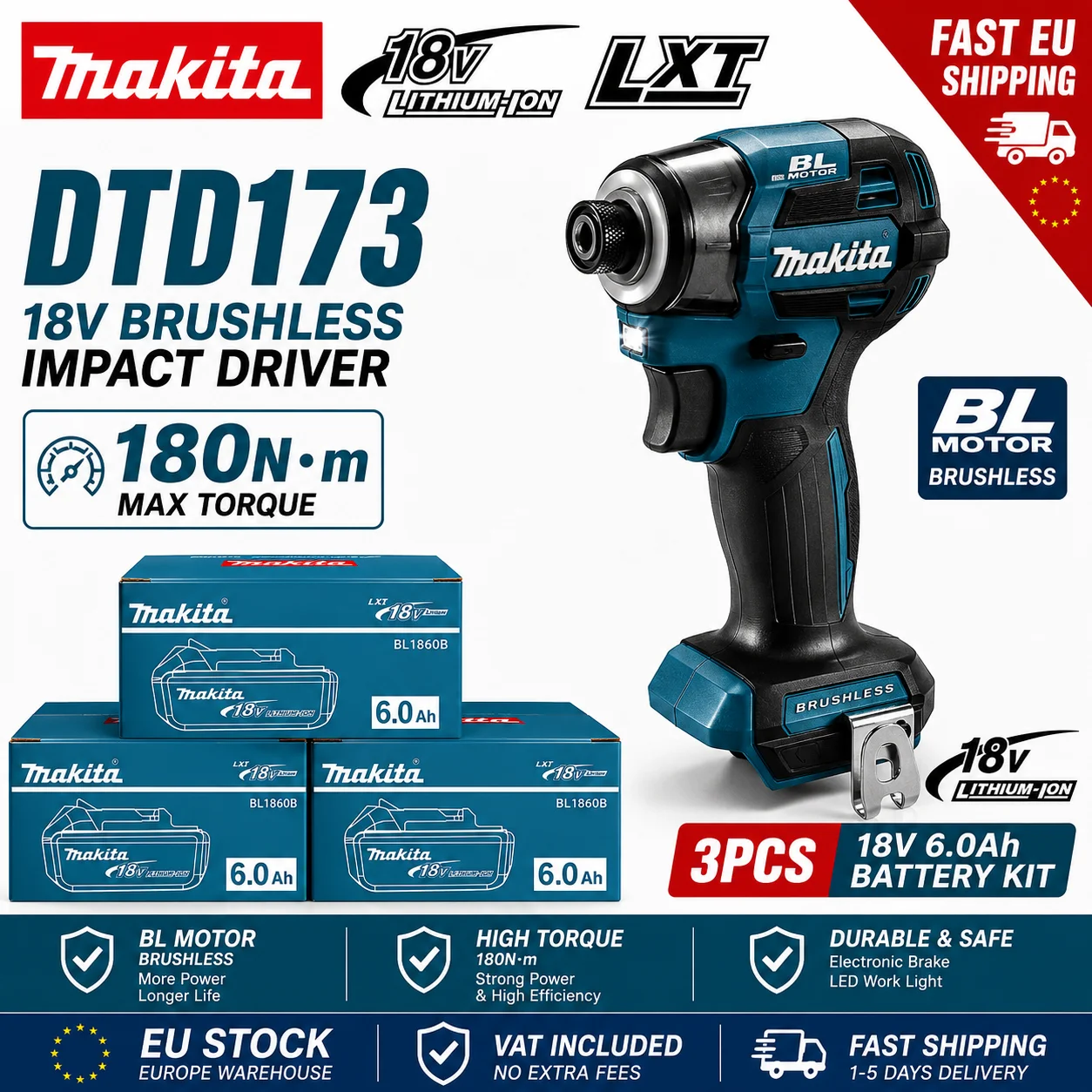Makita DTD173 18V Akku-Schlagschrauber, bürstenlos, 180 N·m, Elektrowerkzeug mit BL1860 6,0 Ah Akku, EU-Lager, schnelle Lieferung