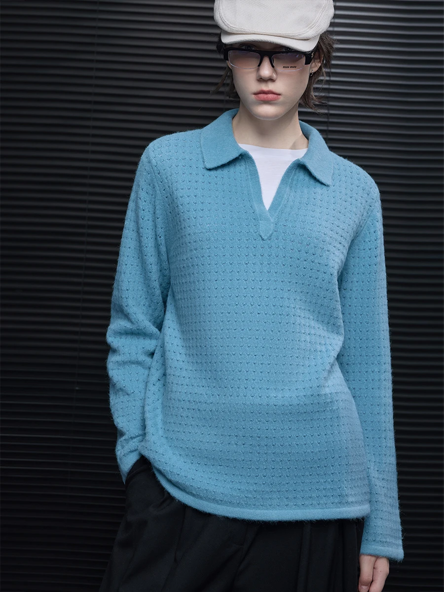 

Синий вязаный свитер с v-образным вырезом, женский свободный крой, полый дизайн, повседневный Sle, осень-зима, Новое поступление, удобный, элитный, ощущение