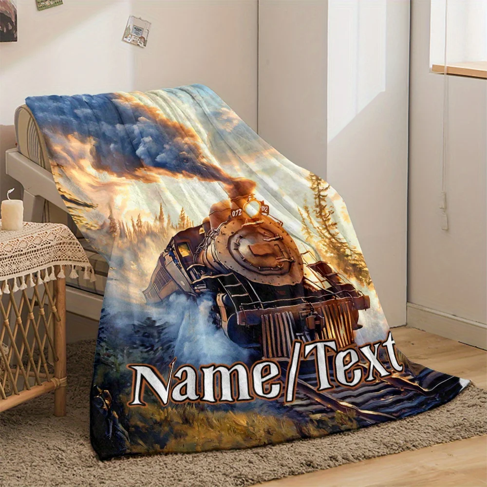 Custom Name Retro Jet Train Blanket - Lightweight Knit Fabric, Polyester, Digital Print, Flannel, Tear Resistant, All Seasons