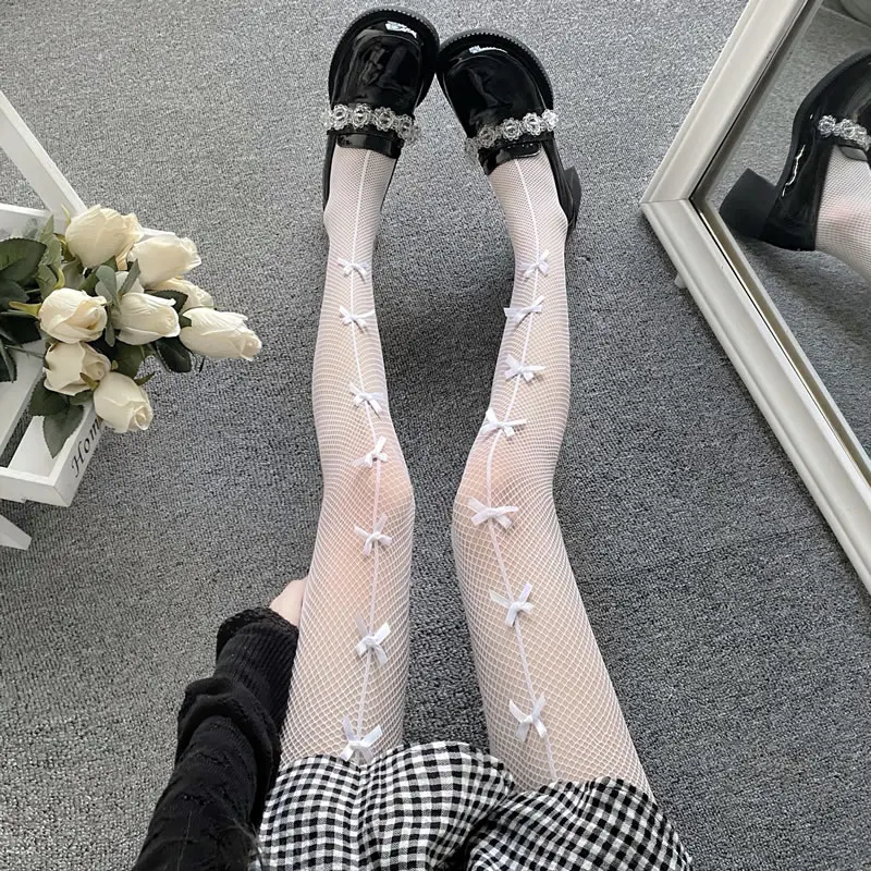 

Sexy Hollow Out Transparent Slim Fishnet Pantyhose Women Bow Black White Tights Gothic Lolita JK Cute Bowknot Mesh Stockings