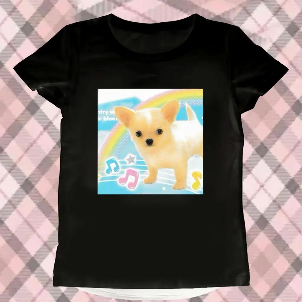 Y2k Puppy Chihuahua Graphic Dopamine Bright Color T-shirts Women Summer Short Sleeve 2000s Rainbow Music Note Print Vintage Tops