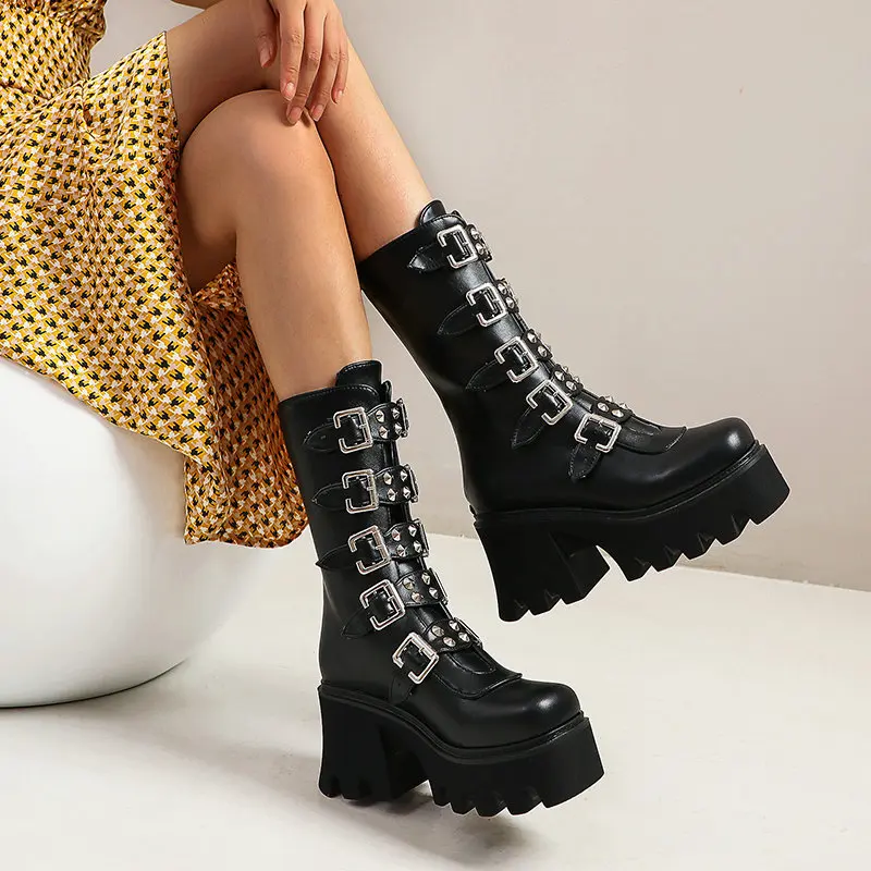 2021 Brand New buty motocyklowe damskie platformy masywne wysokie obcasy nitowana klamra buty damskie 2021 Fashio Punk Botas De Mujer