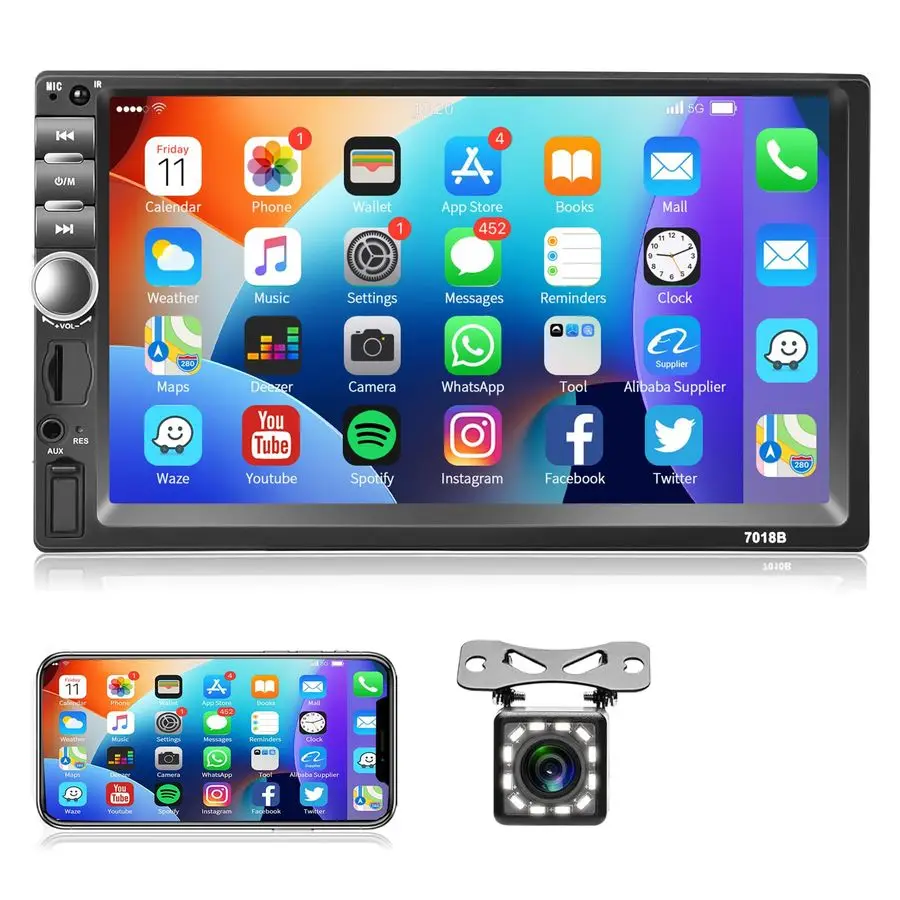 

7-дюймовый автомобильный стереосистема с двойным дин-принтом, автомобильный радиоприемник с сенсорным экраном, Bluetooth, громкая связь, зеркальная связь, USB SD FM, мультимедийное радио с резервной камерой