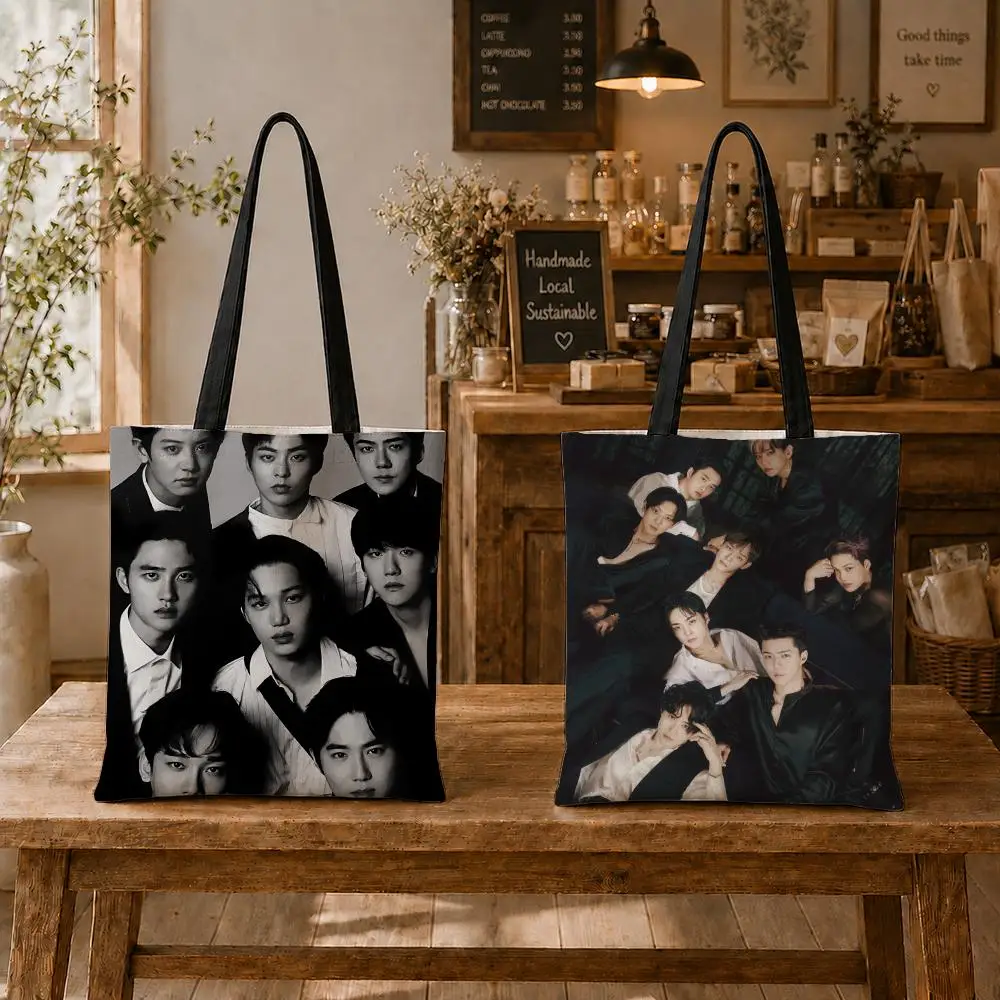 K-pop group E-EXO Storage Bags Large Capacity Canvas Tote Bag Environmental Foldable Shopping Bag