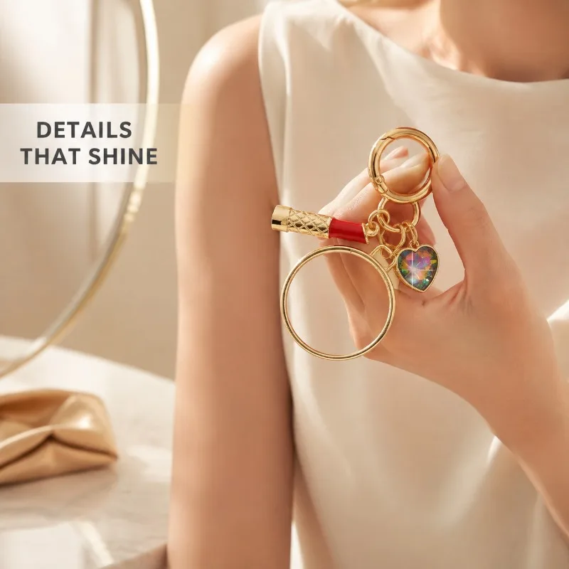 Portable Keychain Colorful Heart Rhinestone Charm Lipstick Pendant Compact Makeup Key Ring for Women Bag Purse Daily Decor