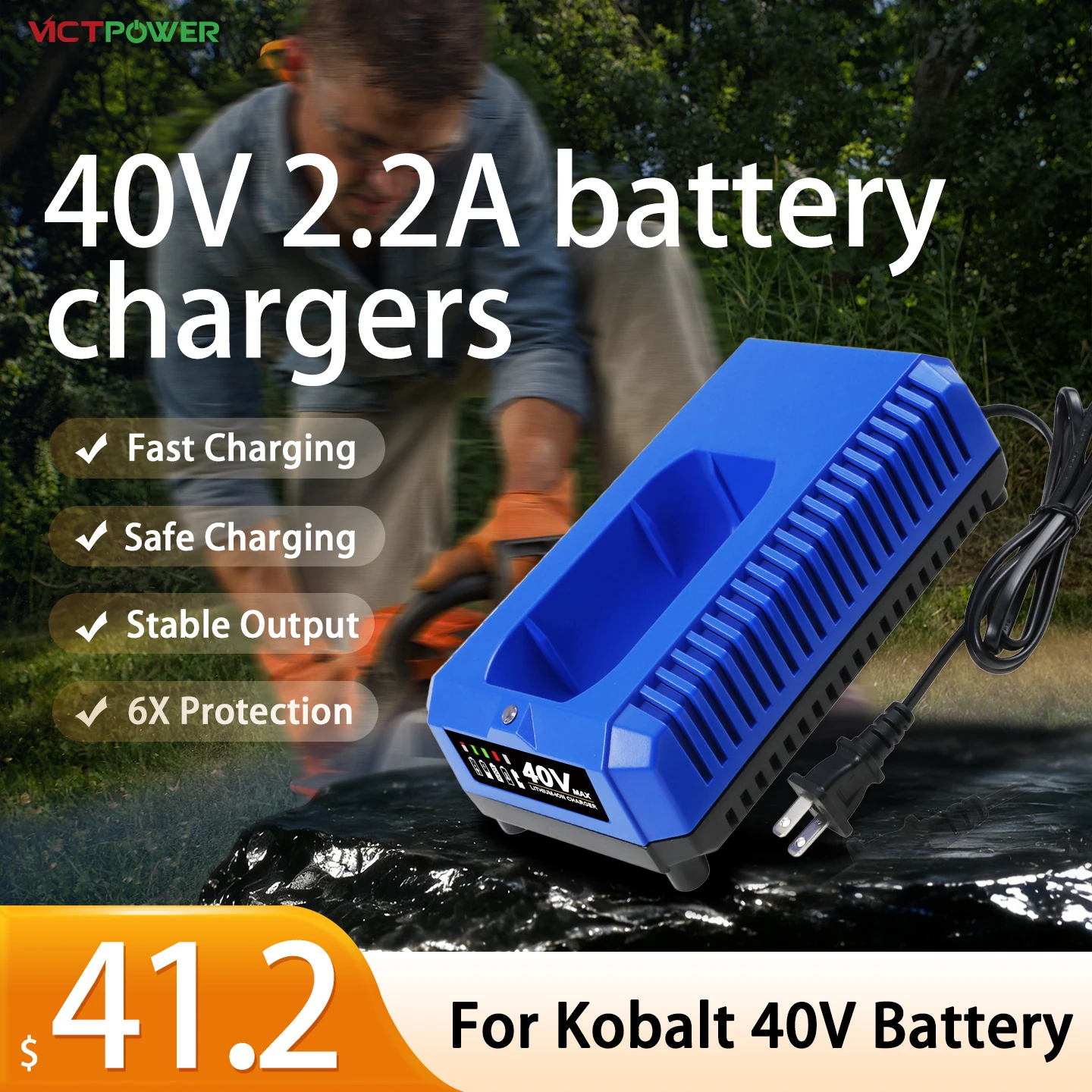 VICTPOWER 40V 2.2A Fast Charger Replacement for Kobalt 40V Lithium Ion Battery Power Tools Lawn Mower Trimmer Blower