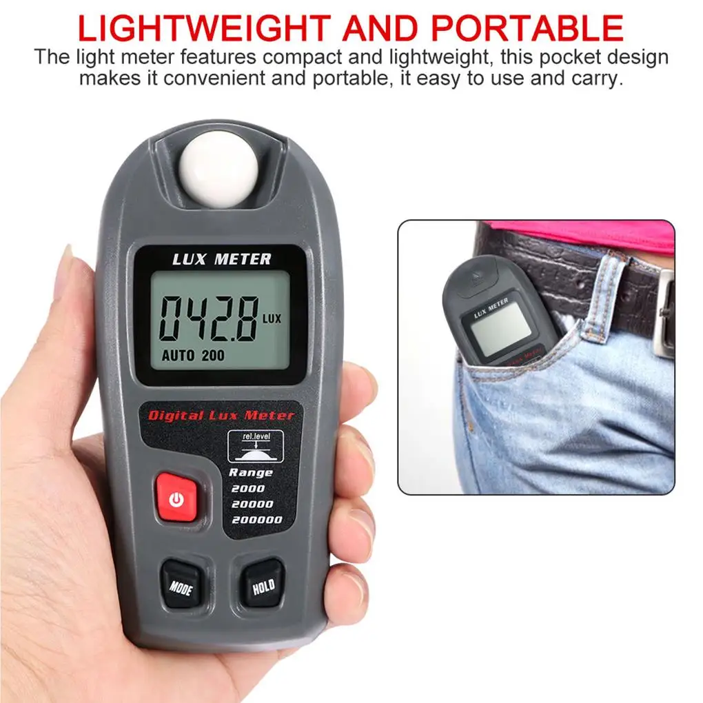 Digitale Luxmeter, Beleuchtungsstärke-Lichtmessgerät, hochpräzises batteriebetriebenes Luminometer, 0,1–200.000 Lux, Beleuchtungstester