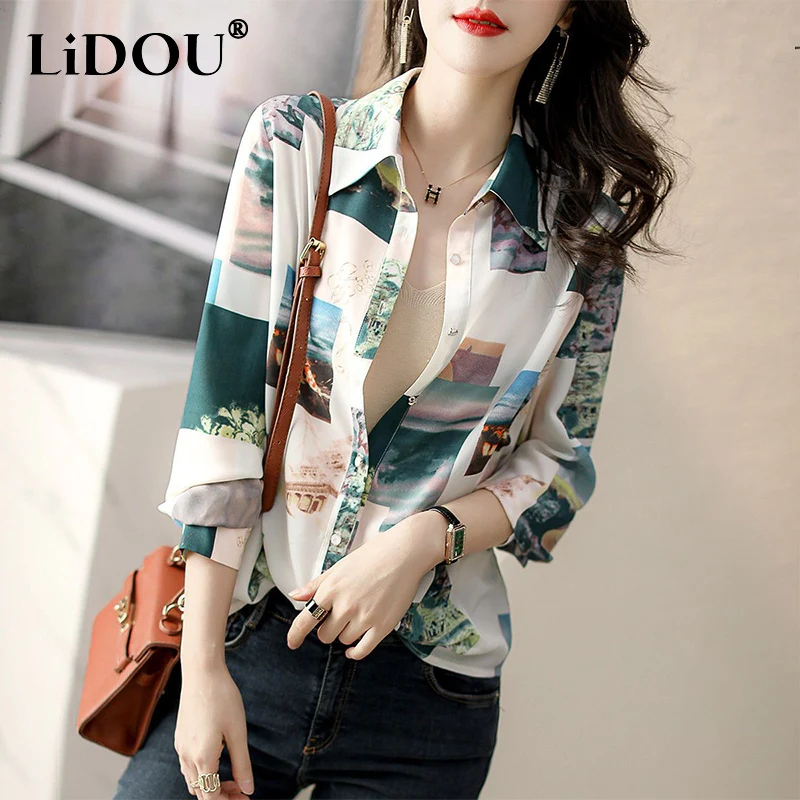 Summer Polo-neck Vintage Print Chiffon Shirt Ladies Long Sleeve Temperament All-match Casual Top Women Elegant Fashion Blouse