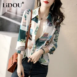 Summer Polo-neck Vintage Print Chiffon Shirt Ladies Long Sleeve Temperament All-match Casual Top Women Elegant Fashion Blouse