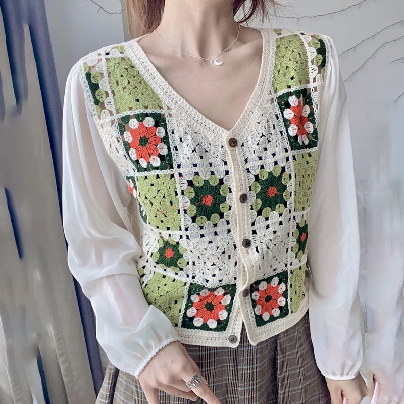 Girls Kawaii Chiffon Stitching Hollow Out Jacquard Weave Button Up Lace Blouse Women New Fashion Casual Vintage Cute Tops Female