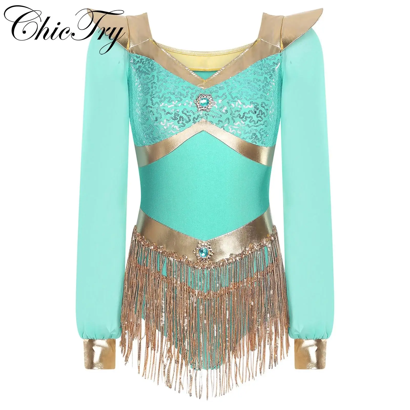 

Womens Arabian Princess Costume Halloween Carnival Cosplay Leotard Metallic Long Sleeve Rhinestones Sequins Tassels Bodysuit
