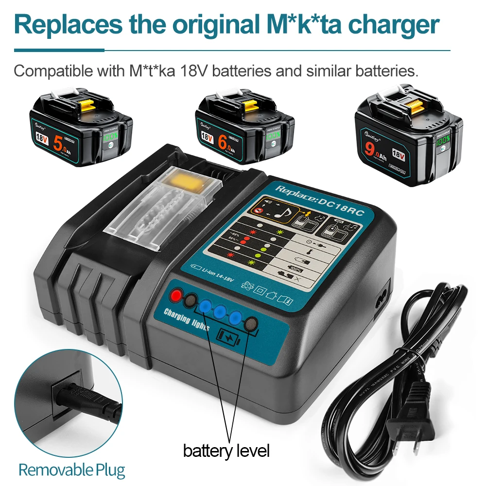 Waitley DC18RC Charger for Makita 14.4V 18V Power tool Battery, Smart Fast Charger with Display and cooling fan