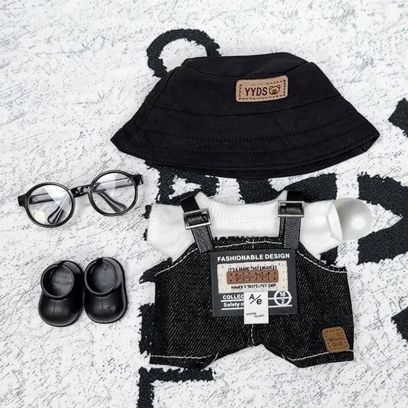 

Одежда для кукол Labubu, модный комплект одежды в стиле спецодежды для детей 15/17 см 1-го и 3-го поколения, включая черную рыбацкую шляпу, очки