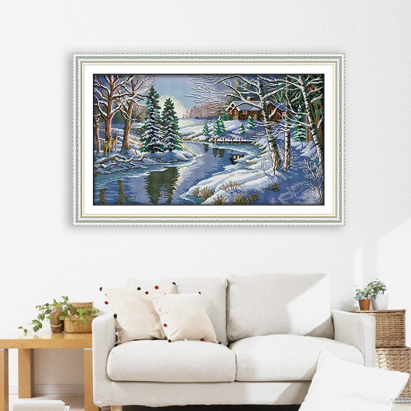 

Joy Sunday Cross Stitch Kit Christmas Snowscape HD Pattern Aida 16/14/11CT Counted Printed Canva DIY Embroidery Kit Hand Crafts