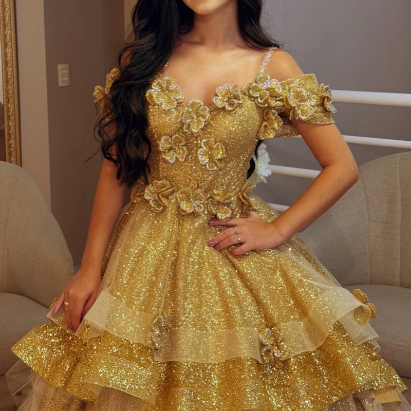 

Shiny Golden Quinceanera Dresses Off the Shoulder Sequin Layering 3D Flower Decal Long tail Vestido De 15 Quinceanera Customize