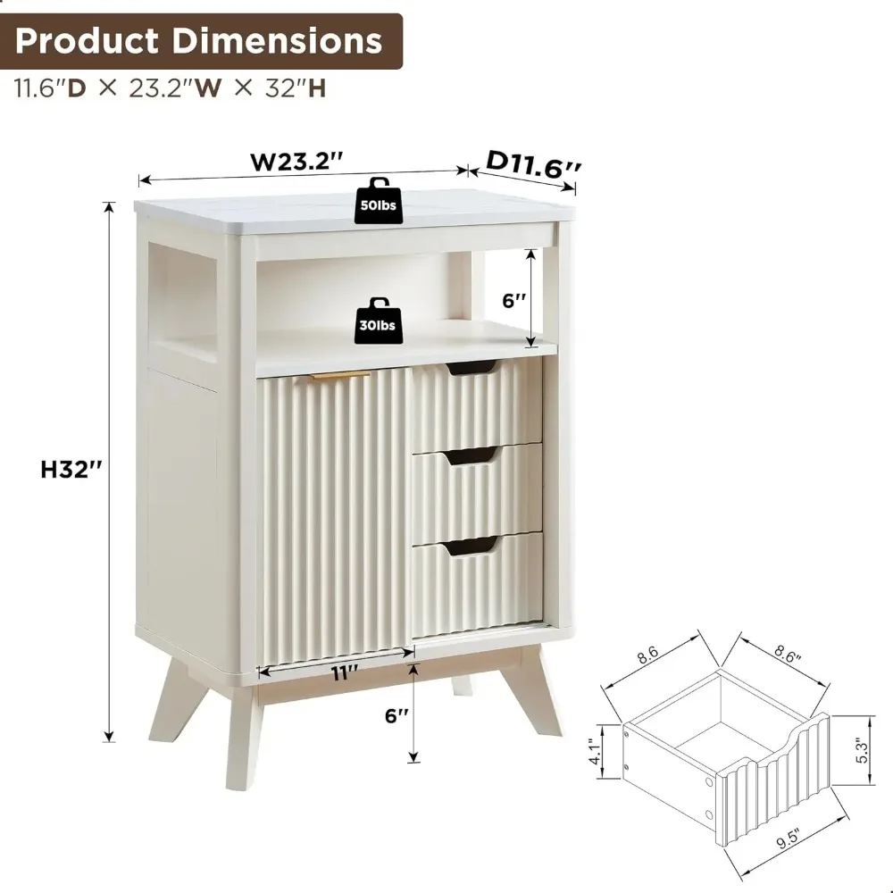 Fluted Bathroom Floor Cabinet with Sliding Door, Modern 3 Drawers Storage Organizer w/Adjustable Shelf and Faux Marble Top