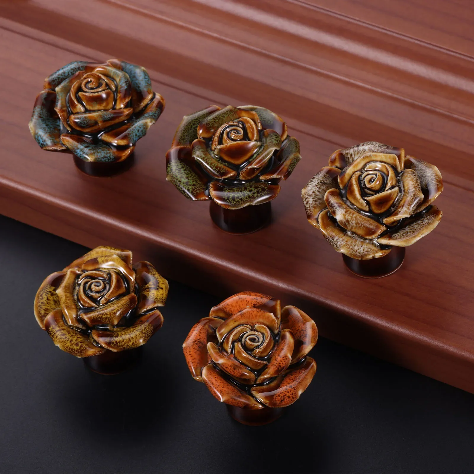 5pcs Colorful Ceramic Flower Pull Handle w/screw 3D Rose Shape Glazed Leopard Pattern Knobs Decor Furniture Doors Cabinet Drawer