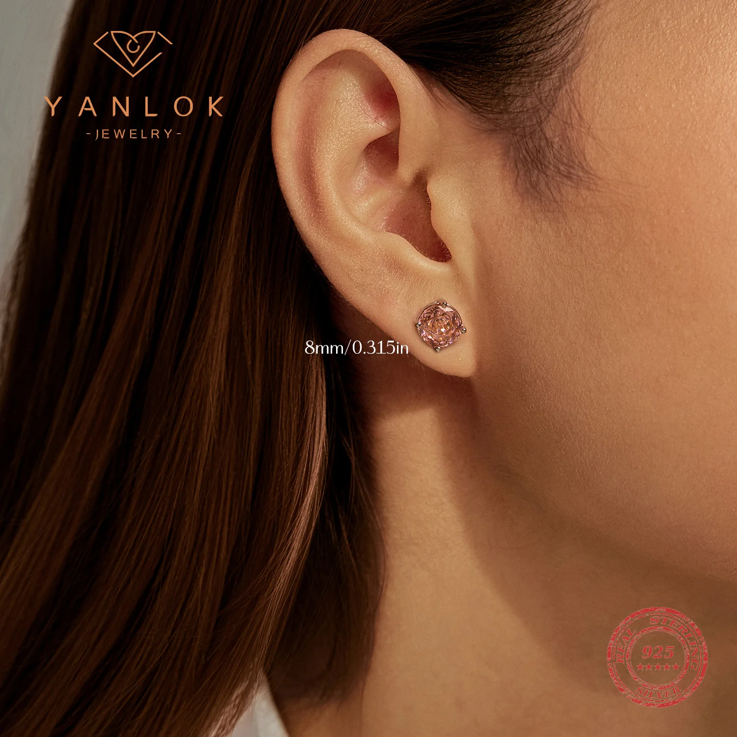 YANLOK 925 Sterling Silver Fashion Morgan Orange Rose Cut Simulated Diamond Round Stud Earrings For Women Fine Jewelry
